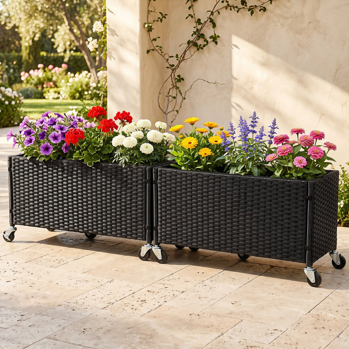 Set of 2 Raised Garden Bed PE Rattan Wicker Patio Planter Box with Liner and Wheels-Raised Garden Beds-DECOROLALA