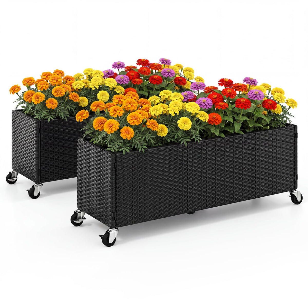 Set of 2 Raised Garden Bed PE Rattan Wicker Patio Planter Box with Liner and Wheels-Raised Garden Beds-DECOROLALA