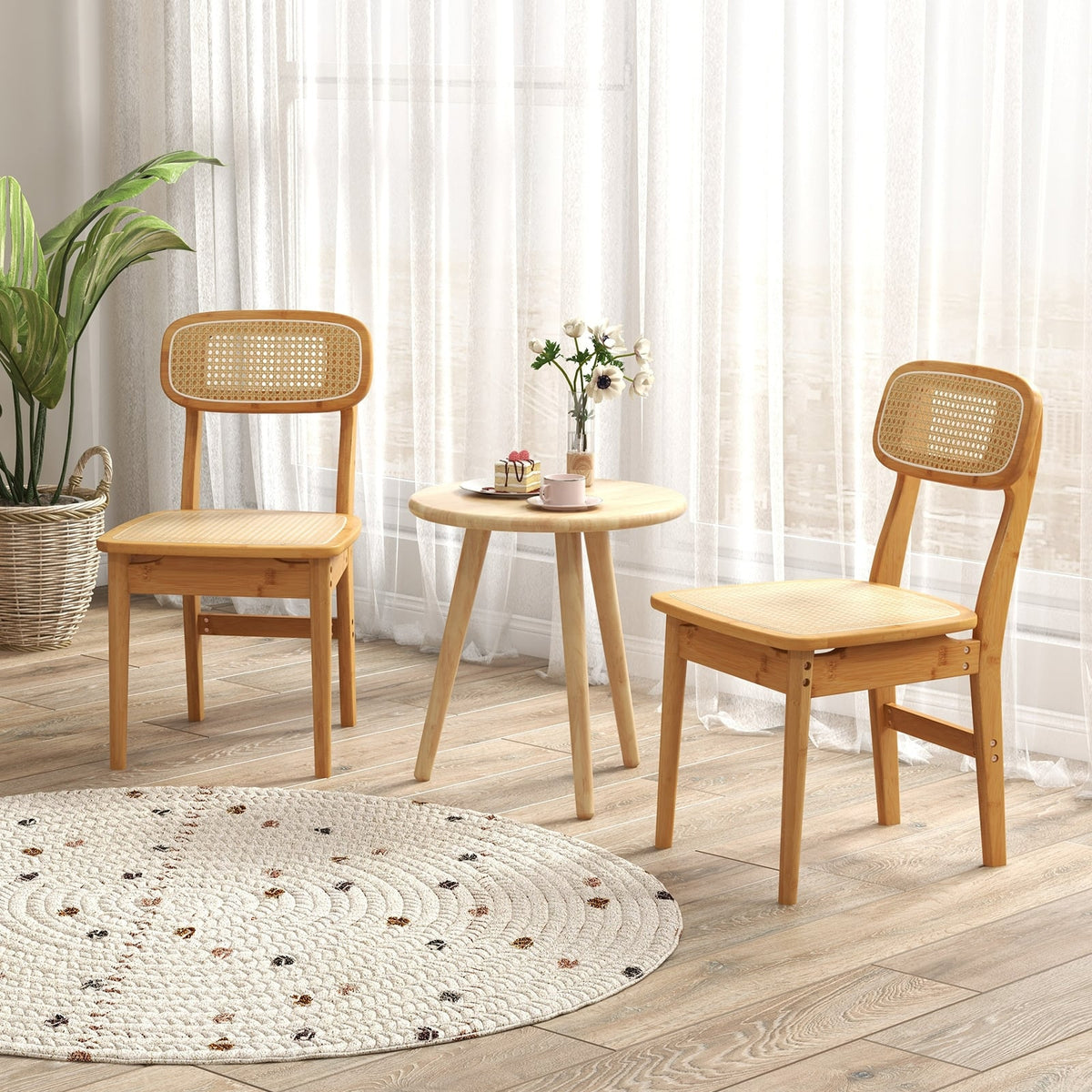 Set of 2 Rattan Dining Chairs with Simulated Rattan Backrest-Natural-Dining Chairs-DECOROLALA