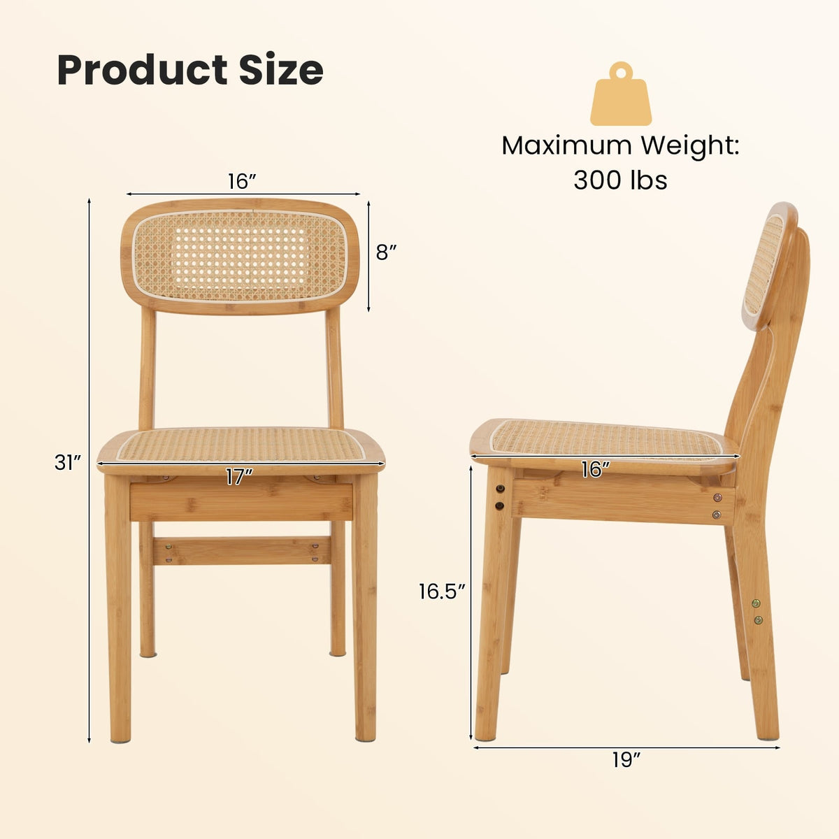 Set of 2 Rattan Dining Chairs with Simulated Rattan Backrest-Natural-Dining Chairs-DECOROLALA