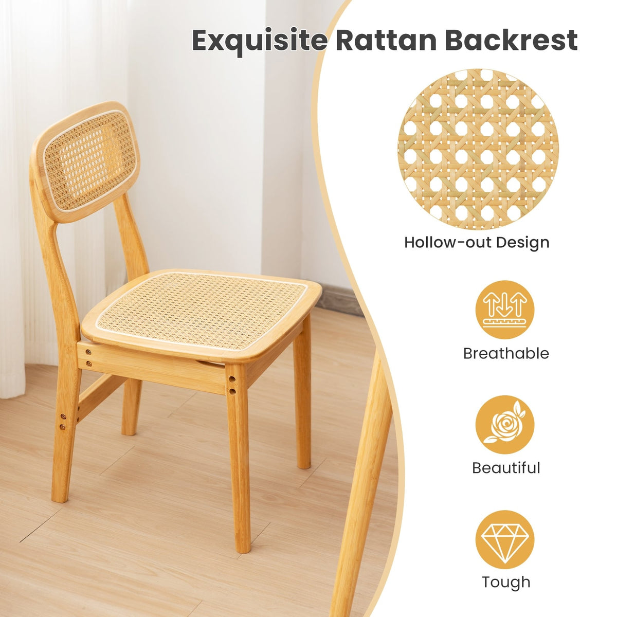 Set of 2 Rattan Dining Chairs with Simulated Rattan Backrest-Natural-Dining Chairs-DECOROLALA