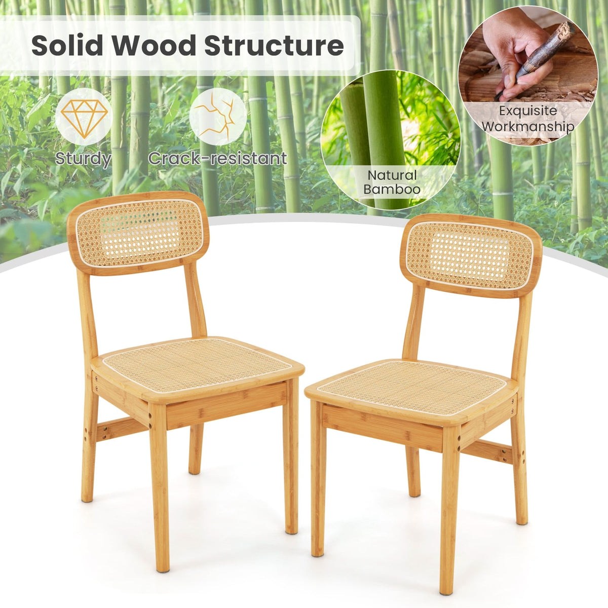 Set of 2 Rattan Dining Chairs with Simulated Rattan Backrest-Natural-Dining Chairs-DECOROLALA