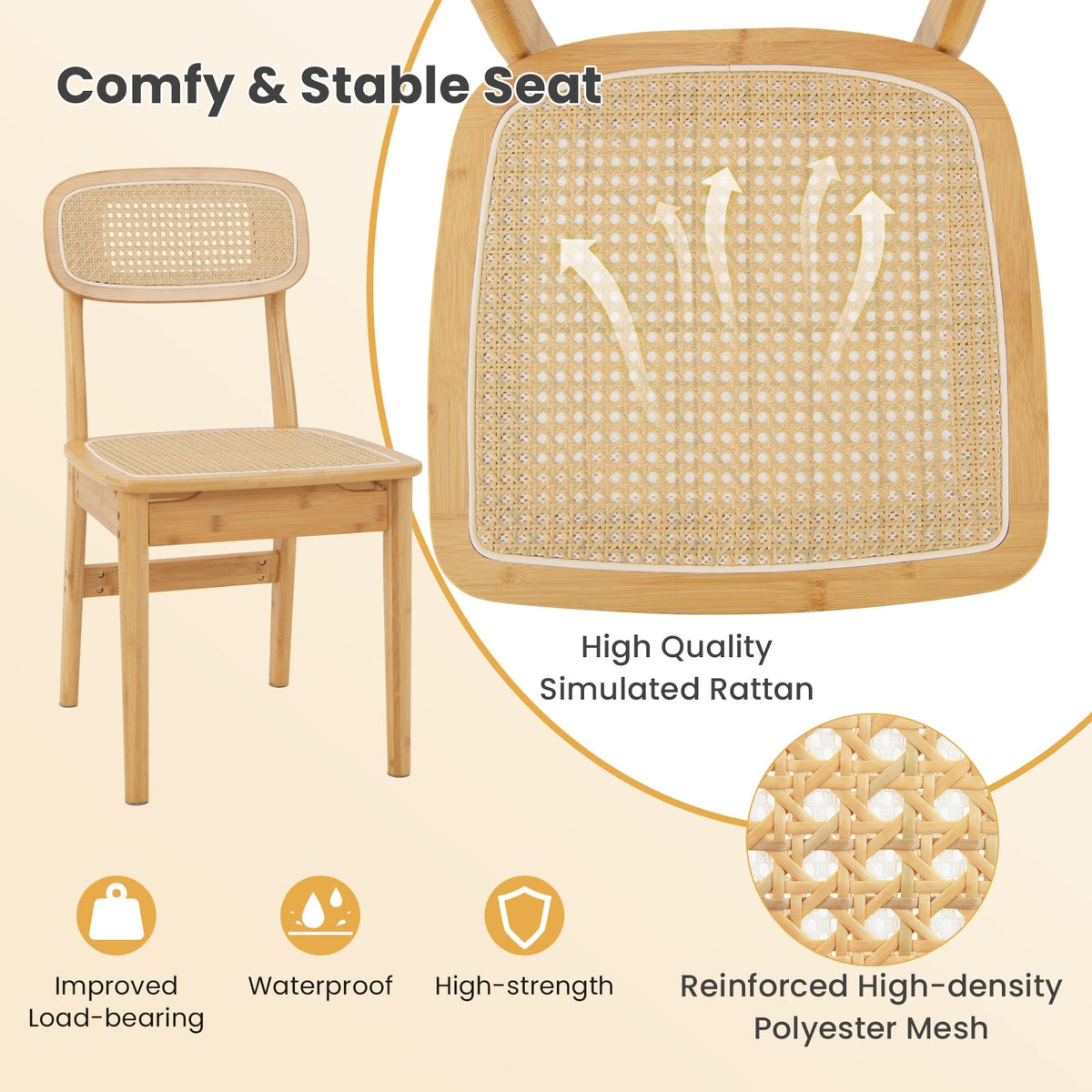Set of 2 Rattan Dining Chairs with Simulated Rattan Backrest-Natural-Dining Chairs-DECOROLALA