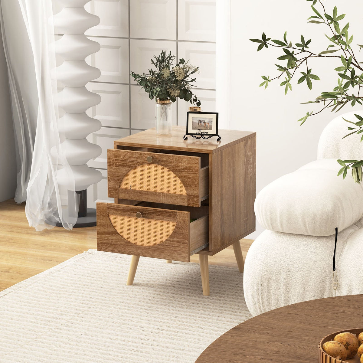 Set of 2 Rattan Nightstand with 2 Drawers and Solid Wood Legs-Natual-Nightstands-DECOROLALA