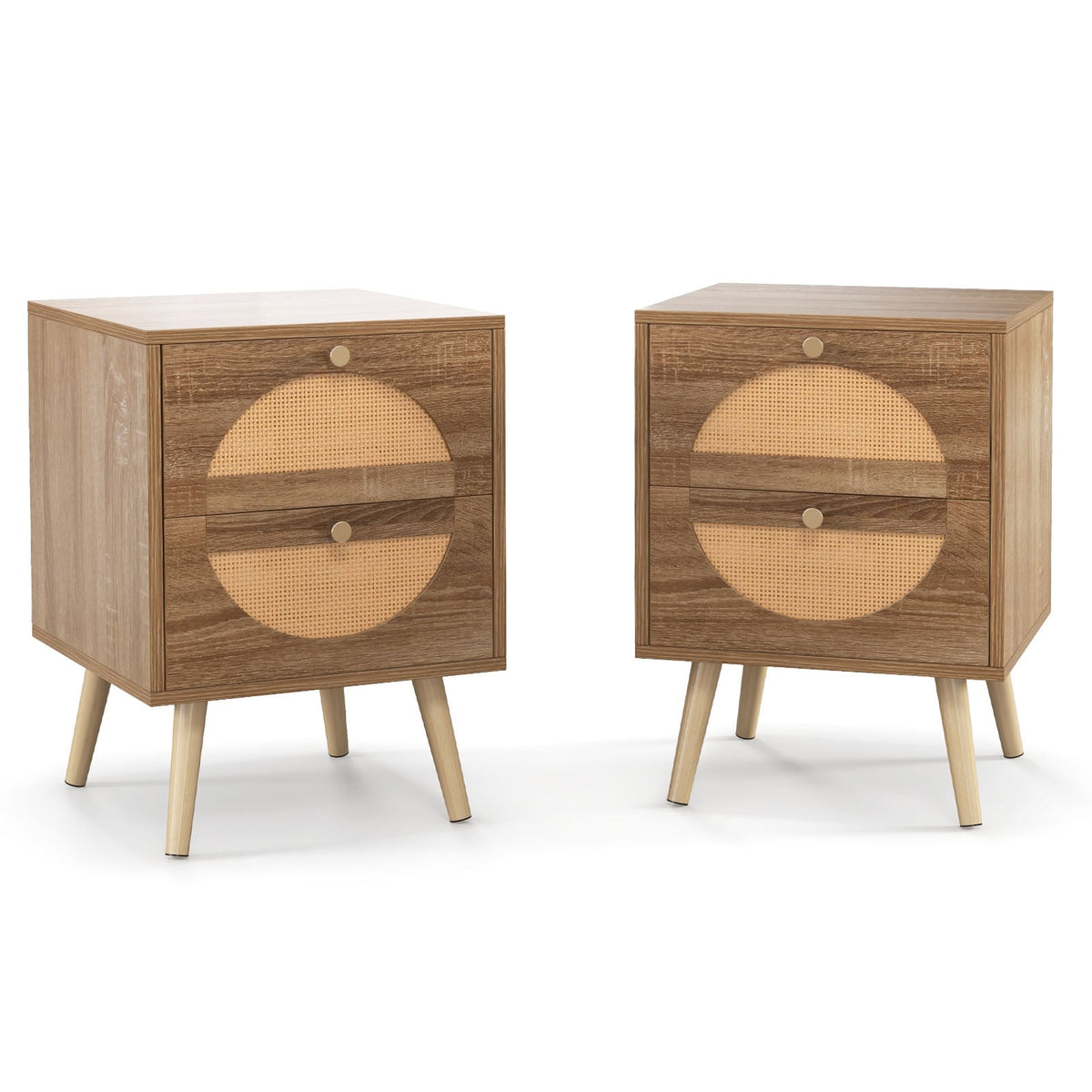 Set of 2 Rattan Nightstand with 2 Drawers and Solid Wood Legs-Natual-Nightstands-DECOROLALA