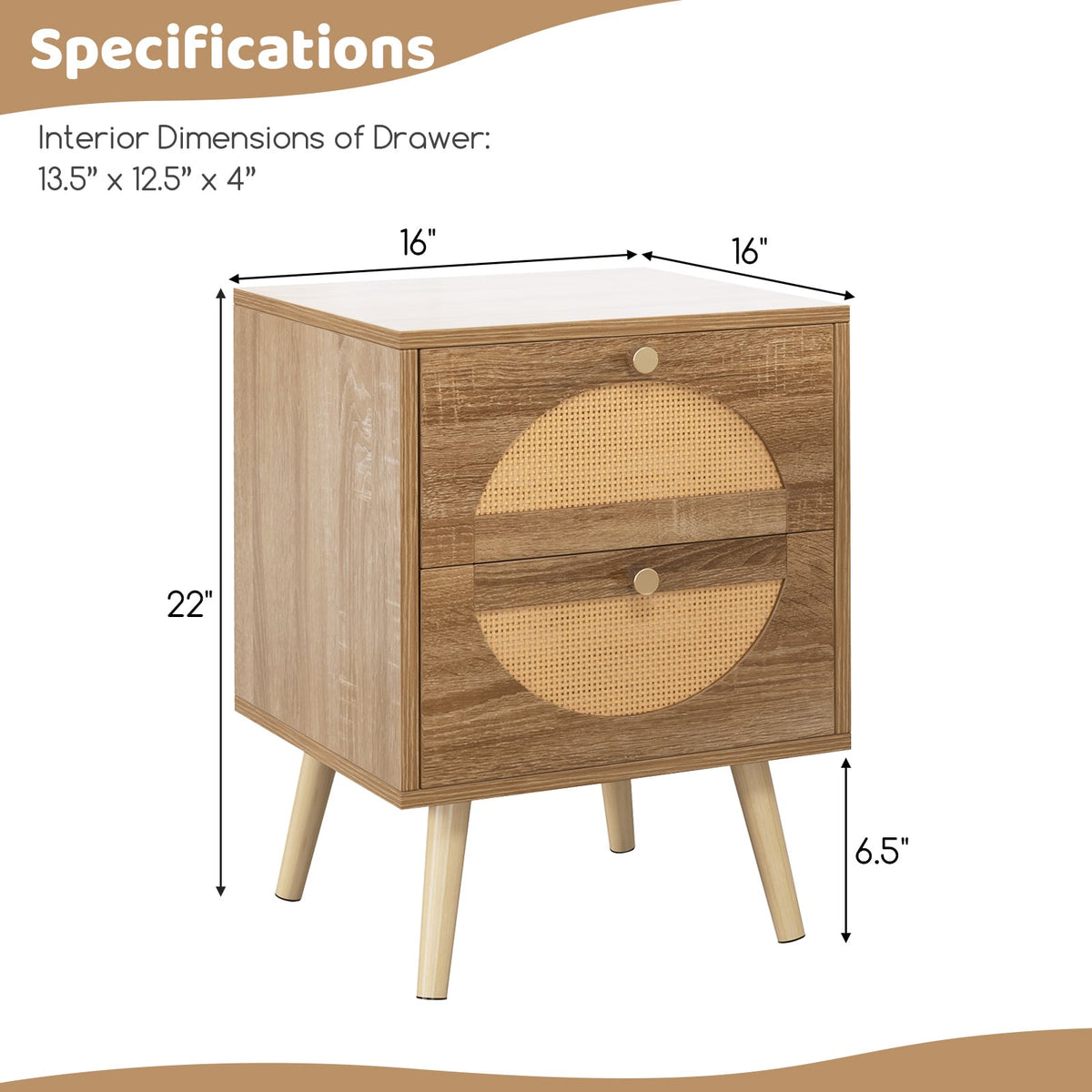 Set of 2 Rattan Nightstand with 2 Drawers and Solid Wood Legs-Natual-Nightstands-DECOROLALA