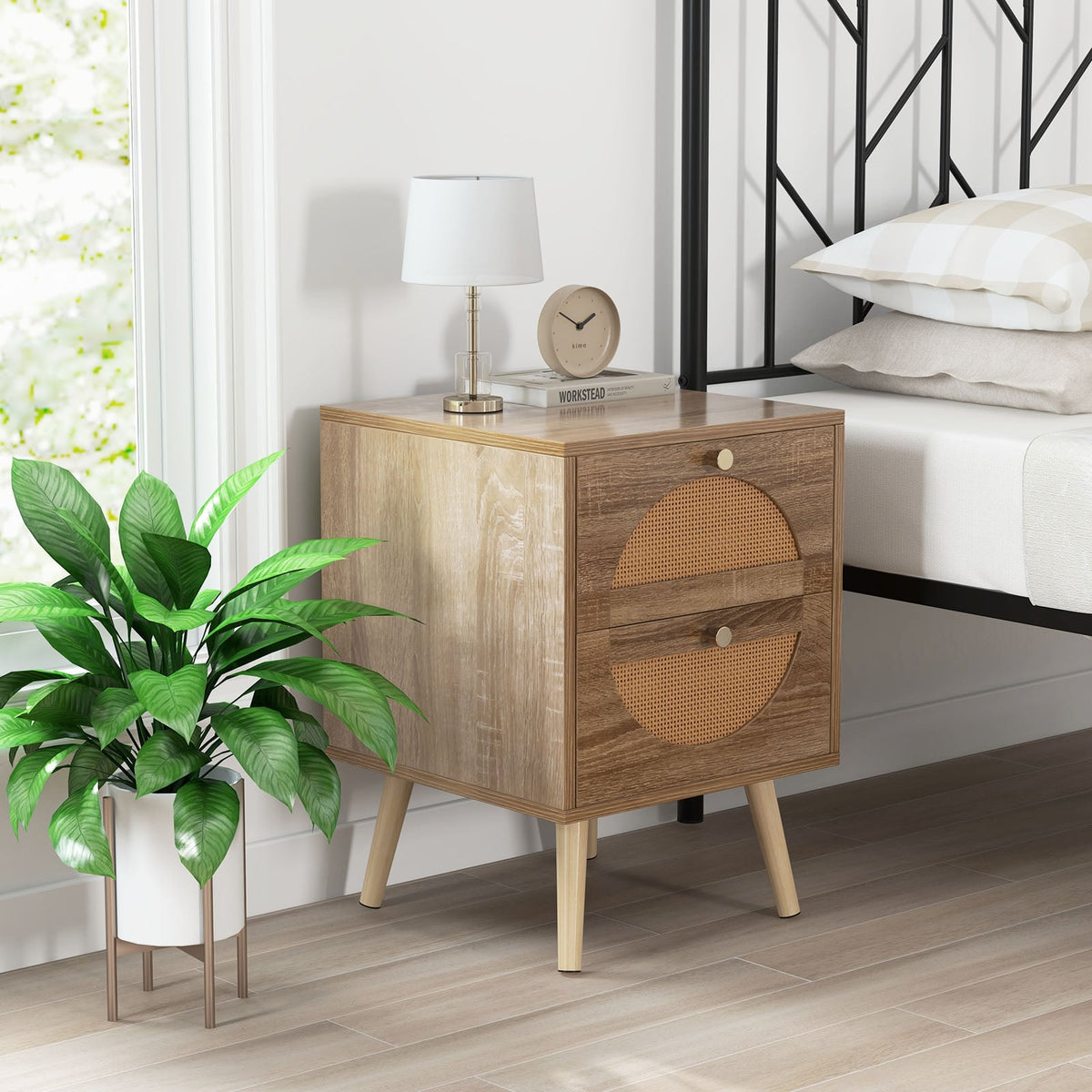 Set of 2 Rattan Nightstand with 2 Drawers and Solid Wood Legs-Natual-Nightstands-DECOROLALA