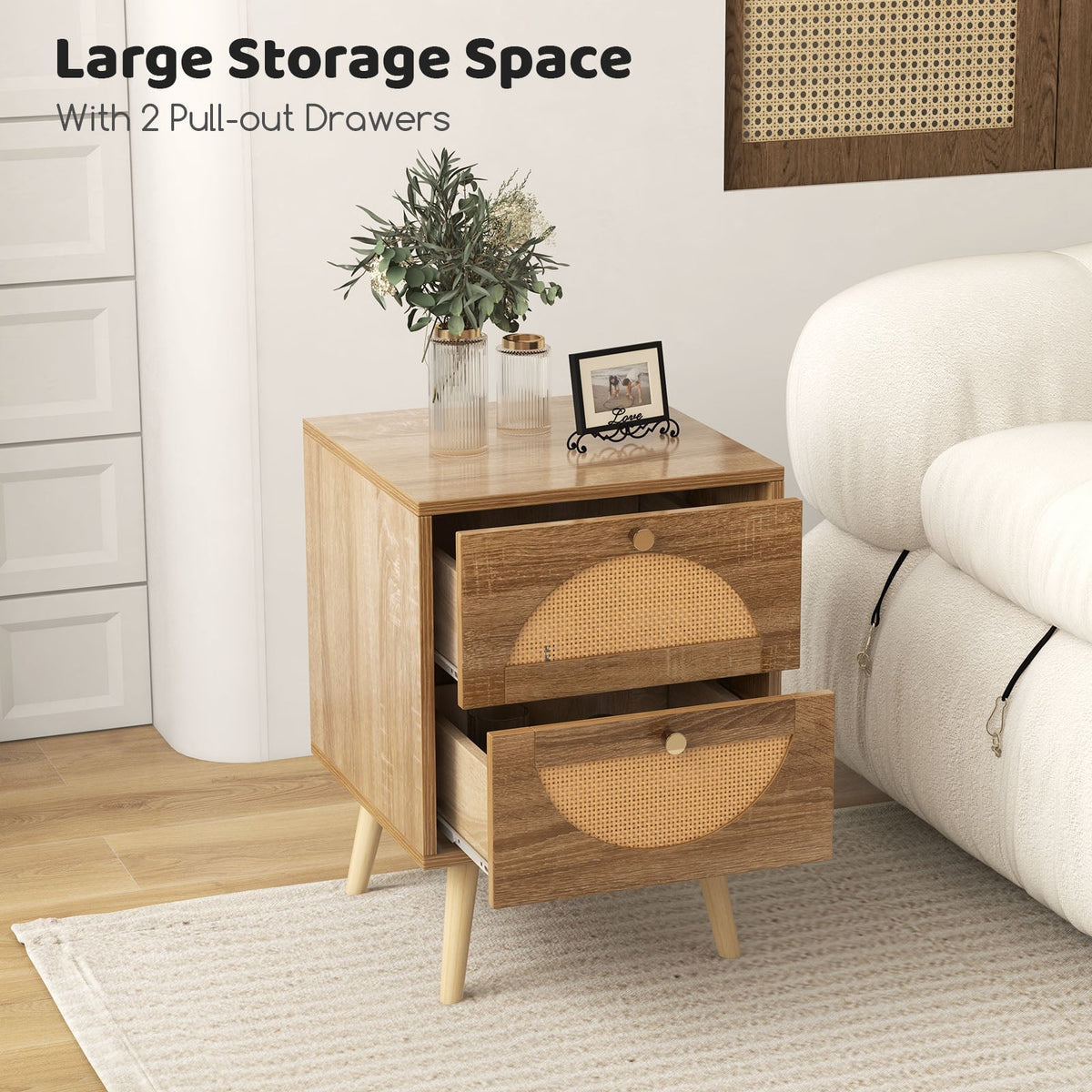 Set of 2 Rattan Nightstand with 2 Drawers and Solid Wood Legs-Natual-Nightstands-DECOROLALA