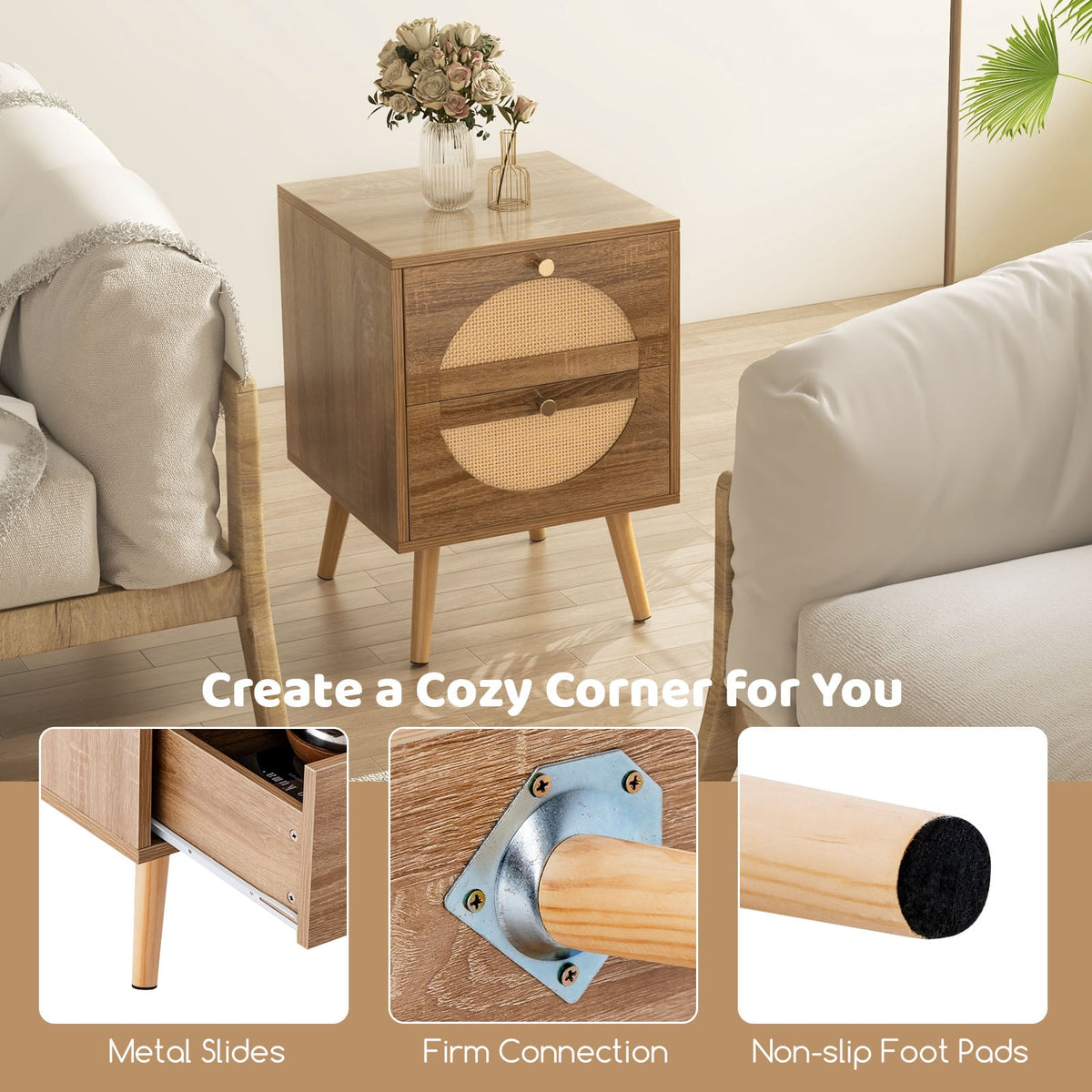 Set of 2 Rattan Nightstand with 2 Drawers and Solid Wood Legs-Natual-Nightstands-DECOROLALA