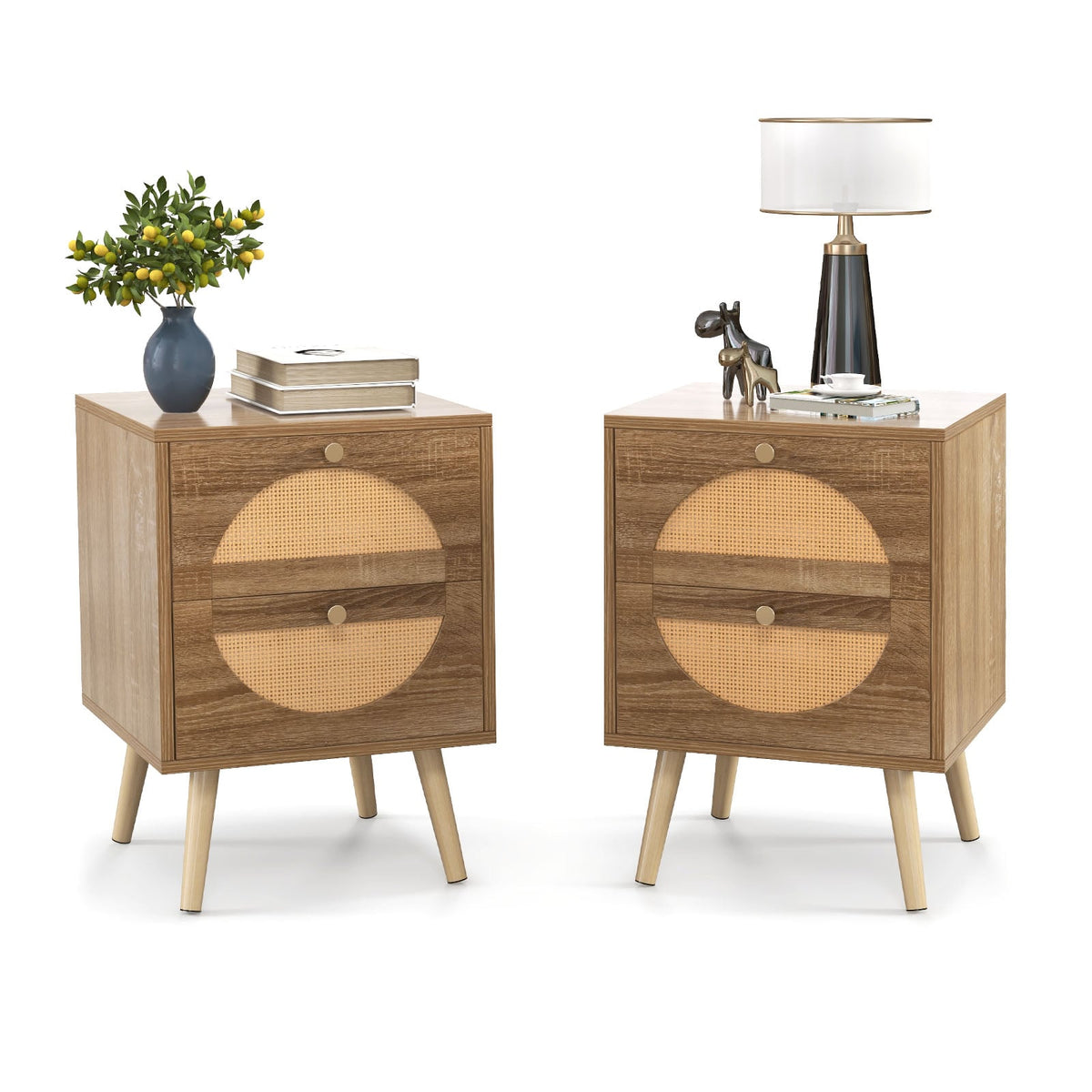 Set of 2 Rattan Nightstand with 2 Drawers and Solid Wood Legs-Natual-Nightstands-DECOROLALA