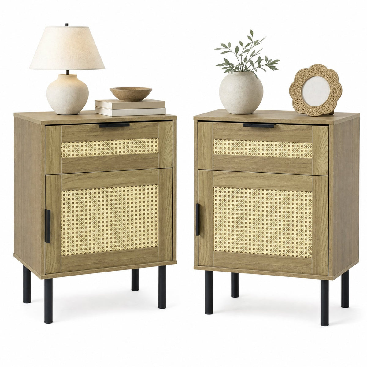 Set of 2 Rattan Nightstand with Drawer and Storage Cabinet for Bedroom Dorm-Natrual-Nightstands-DECOROLALA