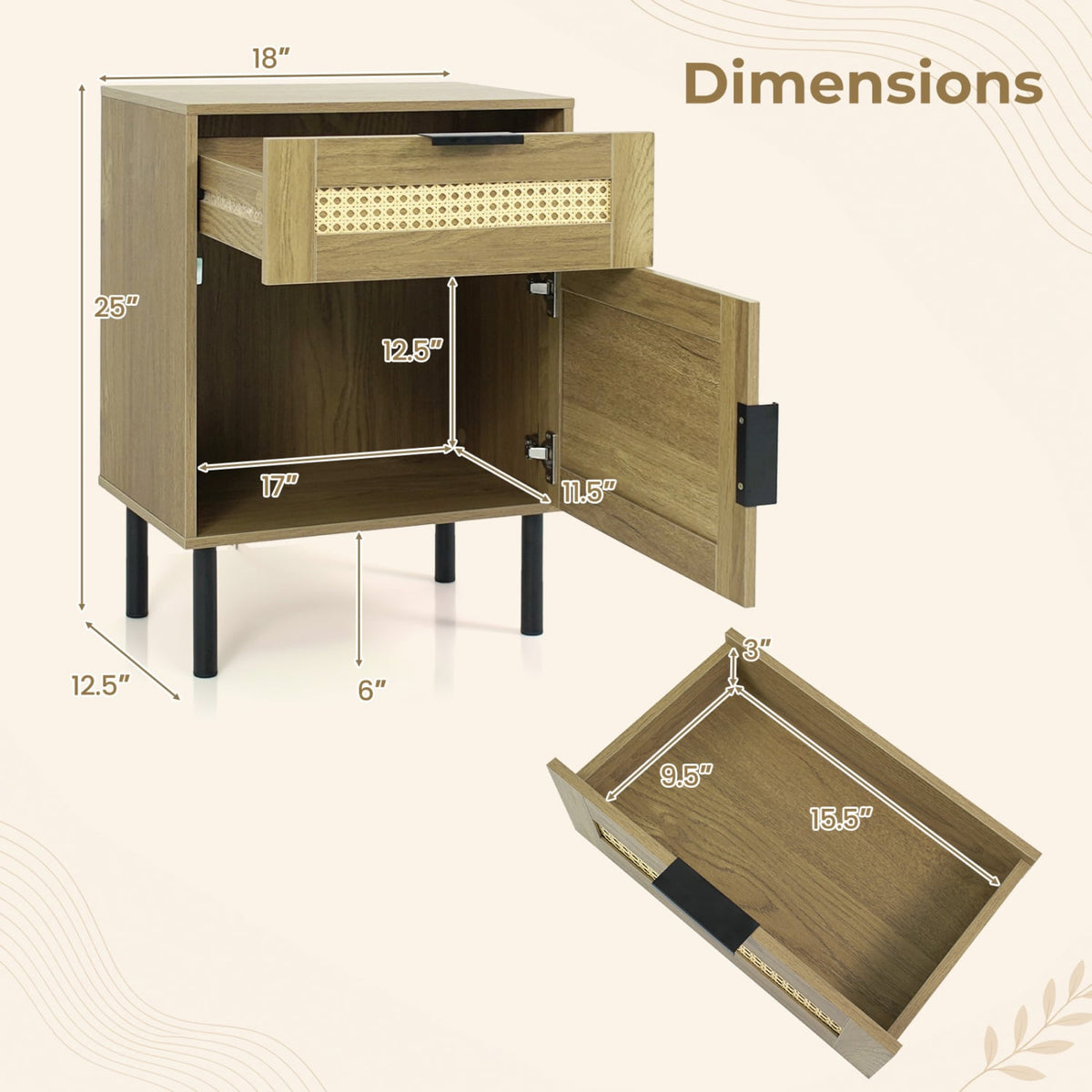 Set of 2 Rattan Nightstand with Drawer and Storage Cabinet for Bedroom Dorm-Natrual-Nightstands-DECOROLALA