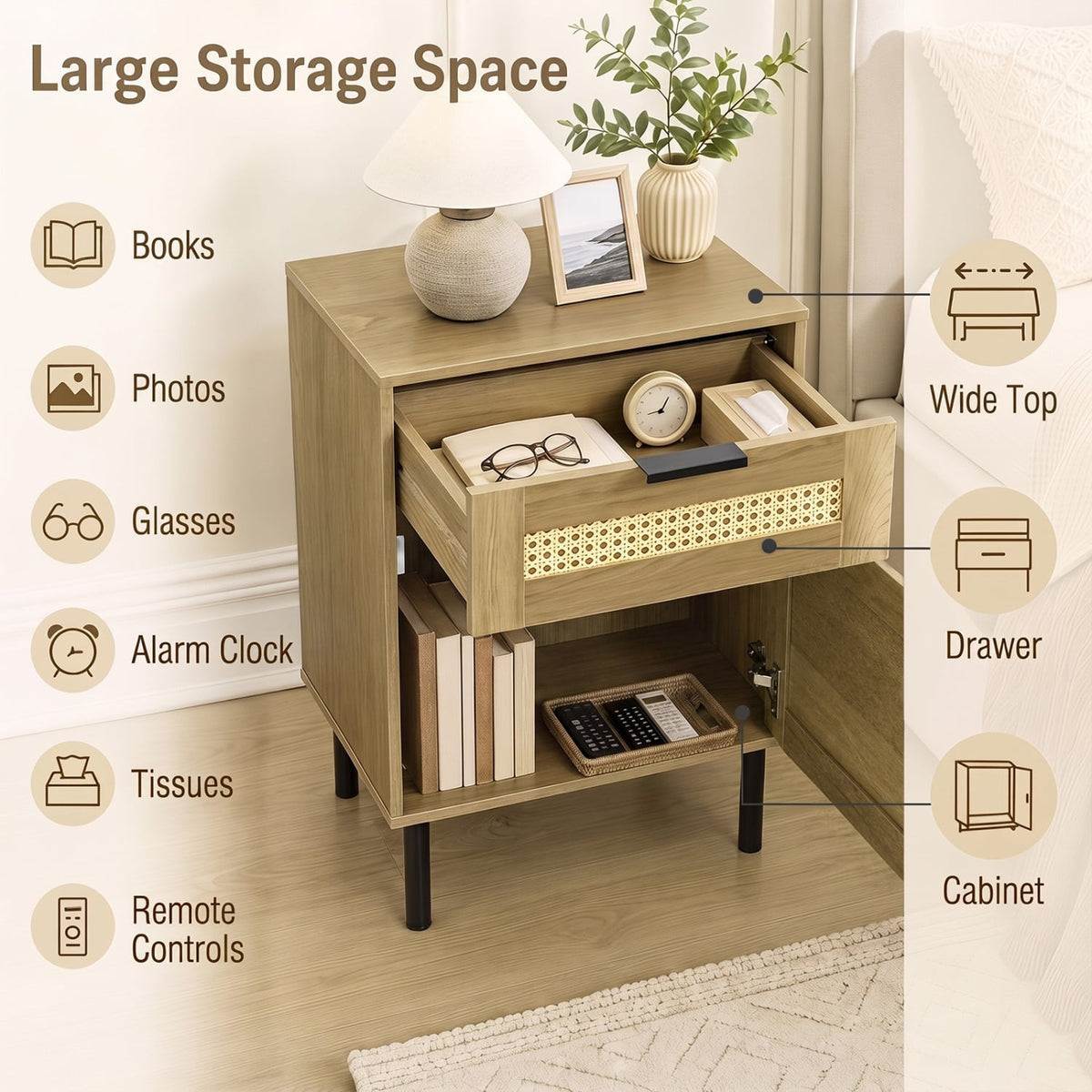 Set of 2 Rattan Nightstand with Drawer and Storage Cabinet for Bedroom Dorm-Natrual-Nightstands-DECOROLALA
