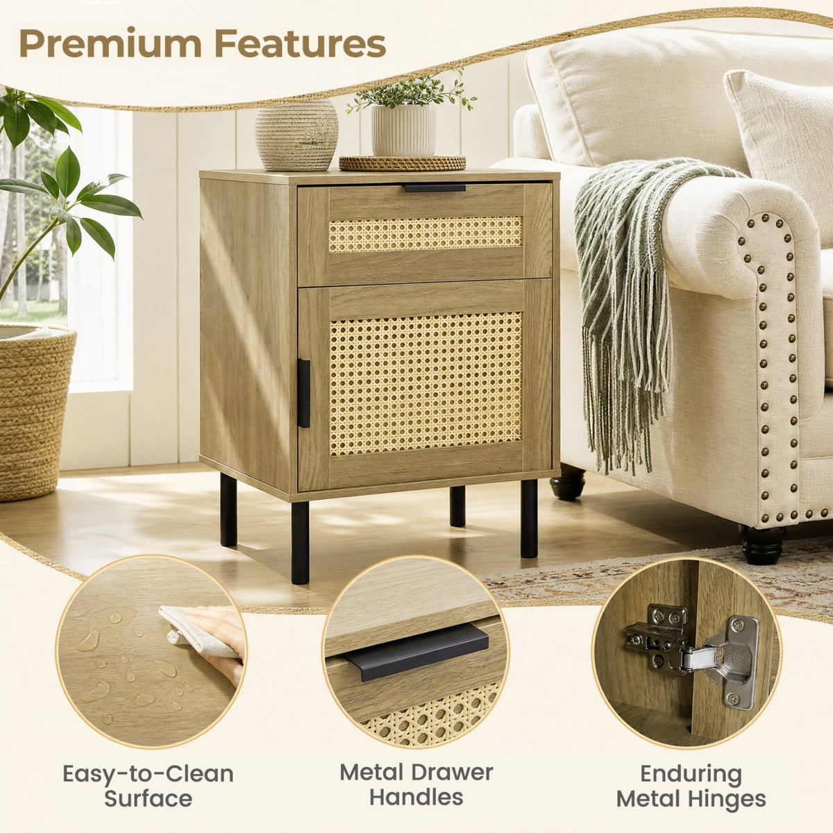 Set of 2 Rattan Nightstand with Drawer and Storage Cabinet for Bedroom Dorm-Natrual-Nightstands-DECOROLALA