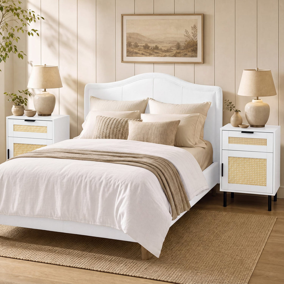 Set of 2 Rattan Nightstand with Drawer and Storage Cabinet for Bedroom Dorm-White-Nightstands-DECOROLALA