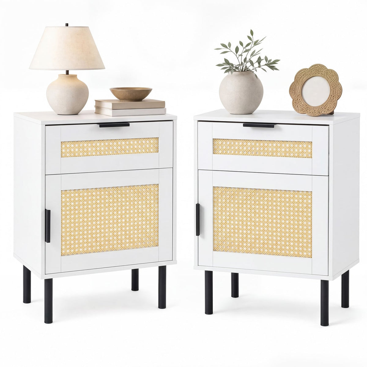 Set of 2 Rattan Nightstand with Drawer and Storage Cabinet for Bedroom Dorm-White-Nightstands-DECOROLALA