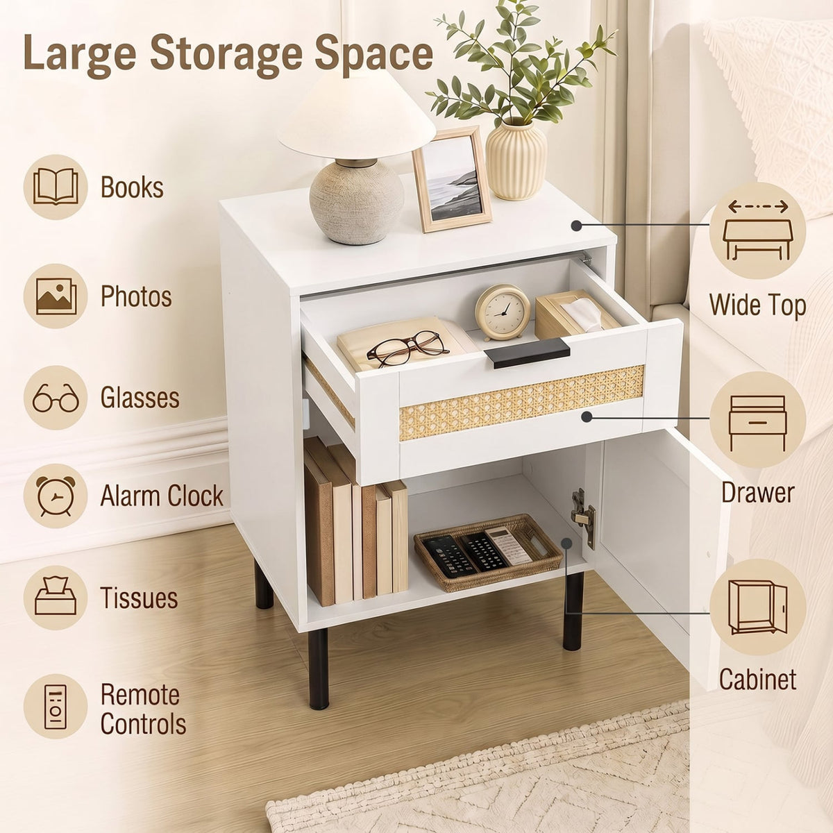 Set of 2 Rattan Nightstand with Drawer and Storage Cabinet for Bedroom Dorm-White-Nightstands-DECOROLALA
