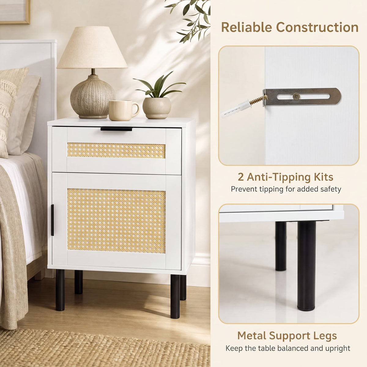 Set of 2 Rattan Nightstand with Drawer and Storage Cabinet for Bedroom Dorm-White-Nightstands-DECOROLALA