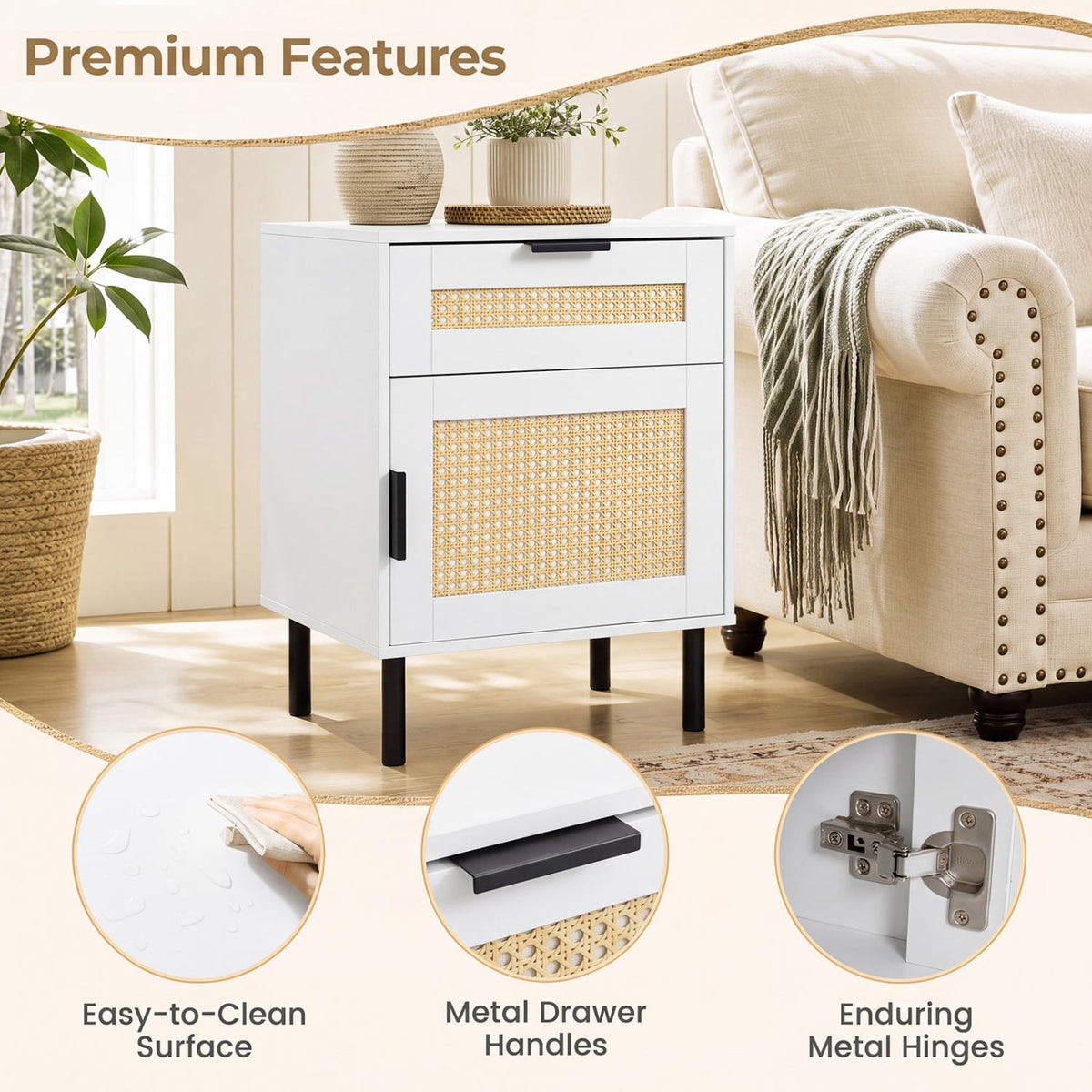 Set of 2 Rattan Nightstand with Drawer and Storage Cabinet for Bedroom Dorm-White-Nightstands-DECOROLALA