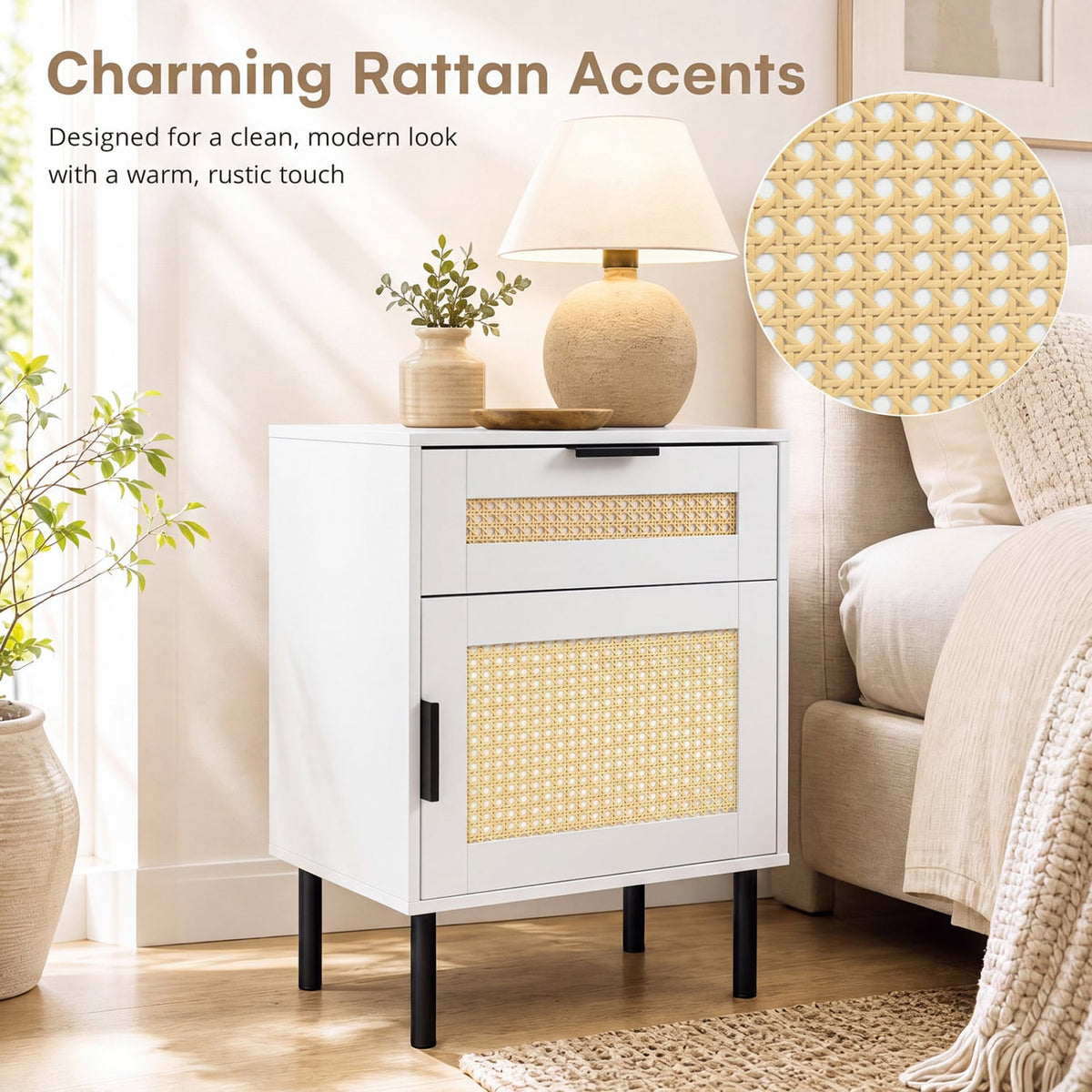 Set of 2 Rattan Nightstand with Drawer and Storage Cabinet for Bedroom Dorm-White-Nightstands-DECOROLALA