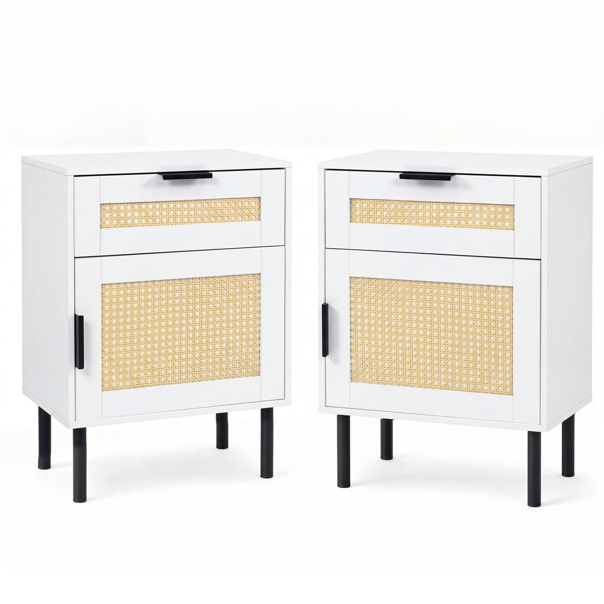 Set of 2 Rattan Nightstand with Drawer and Storage Cabinet for Bedroom Dorm-White-Nightstands-DECOROLALA