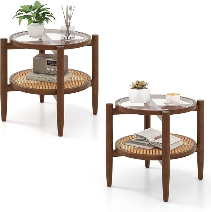 Set of 2 Rattan Round Side End Table with Tempered Glass Tabletop-Walnut-End & Side Tables-DECOROLALA