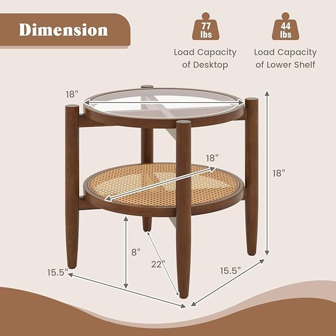 Set of 2 Rattan Round Side End Table with Tempered Glass Tabletop-Walnut-End & Side Tables-DECOROLALA