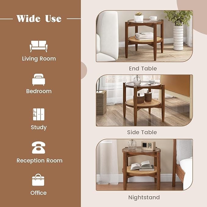 Set of 2 Rattan Round Side End Table with Tempered Glass Tabletop-Walnut-End & Side Tables-DECOROLALA