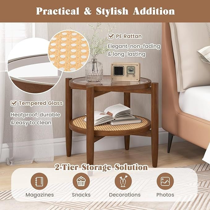 Set of 2 Rattan Round Side End Table with Tempered Glass Tabletop-Walnut-End & Side Tables-DECOROLALA