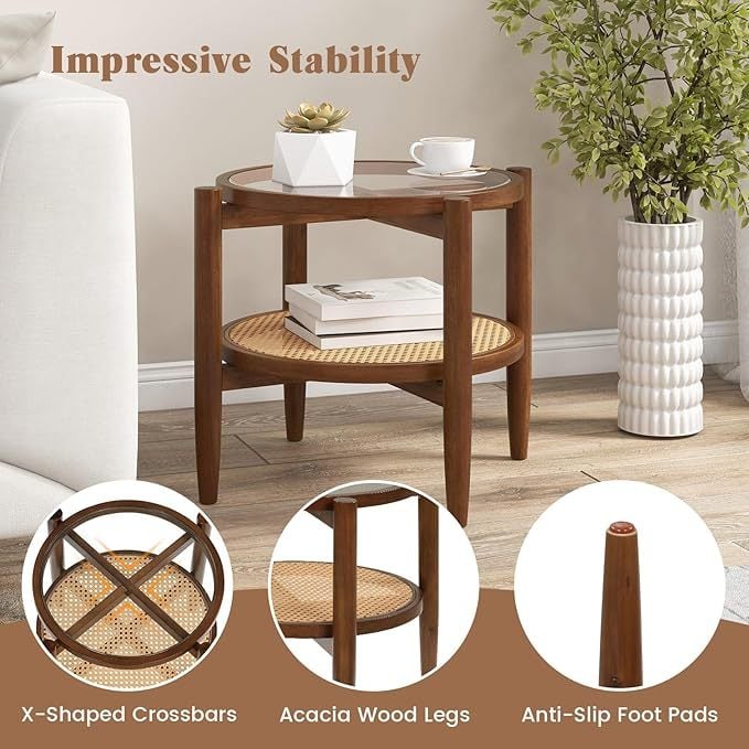Set of 2 Rattan Round Side End Table with Tempered Glass Tabletop-Walnut-End & Side Tables-DECOROLALA