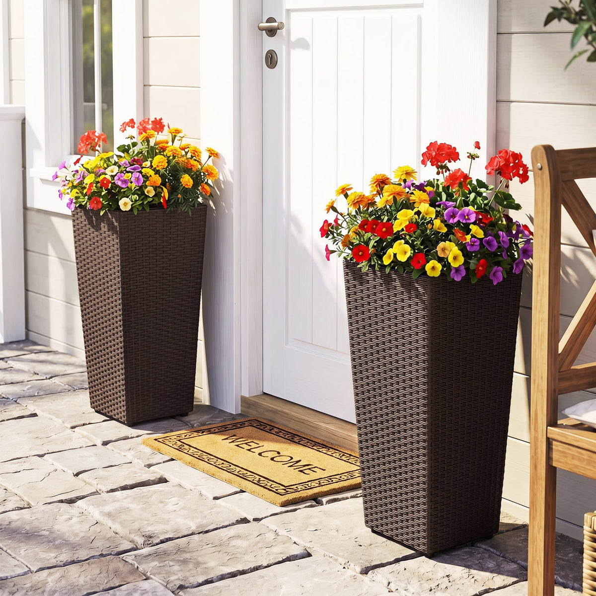 Set of 2 Rattan Tall Plant Pots with Detachable Plastic Liners-Brown-Raised Garden Beds-DECOROLALA
