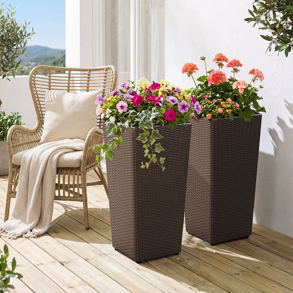 Set of 2 Rattan Tall Plant Pots with Detachable Plastic Liners-Brown-Raised Garden Beds-DECOROLALA