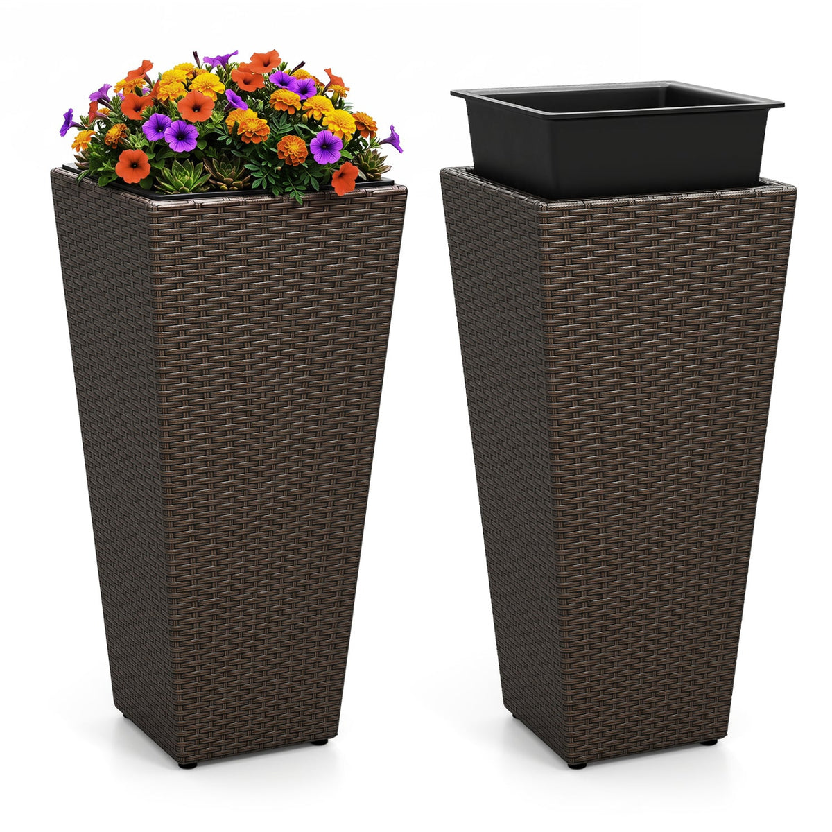 Set of 2 Rattan Tall Plant Pots with Detachable Plastic Liners-Brown-Raised Garden Beds-DECOROLALA