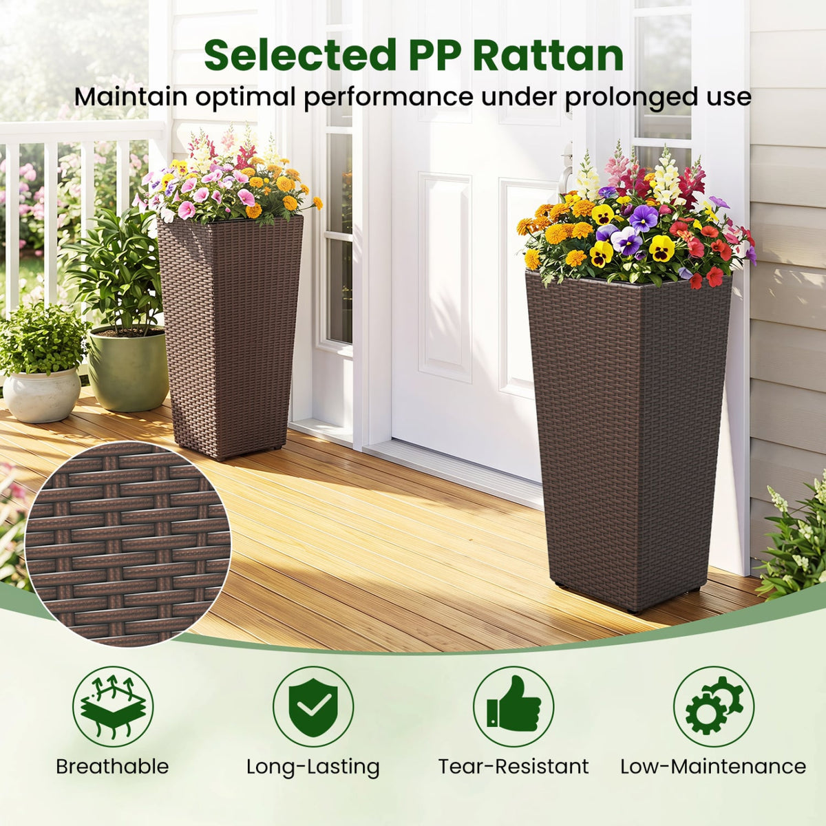 Set of 2 Rattan Tall Plant Pots with Detachable Plastic Liners-Brown-Raised Garden Beds-DECOROLALA