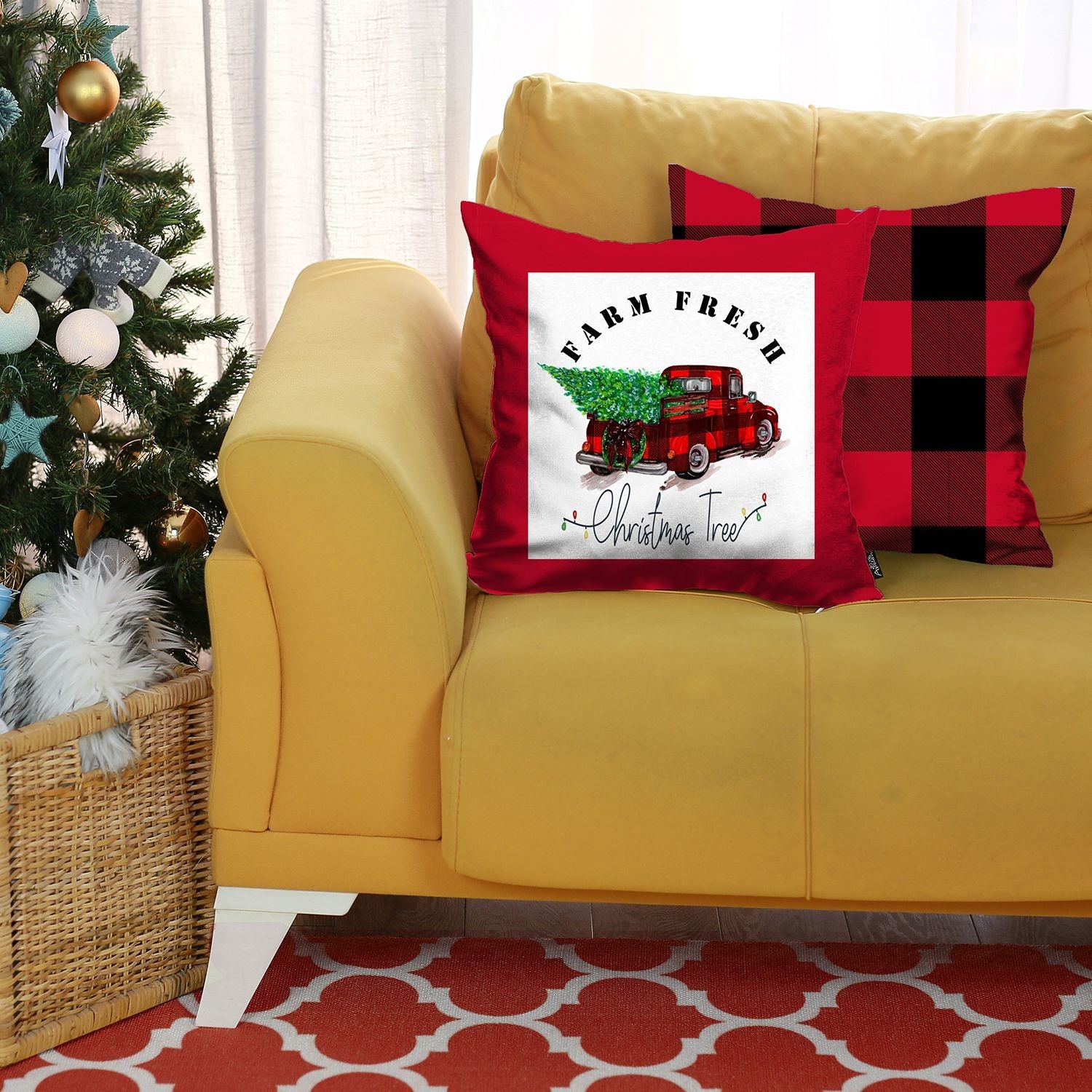 Set of 2 Red Plaid and Red Truck Throw Pillows-Accent Throw Pillows-DECOROLALA
