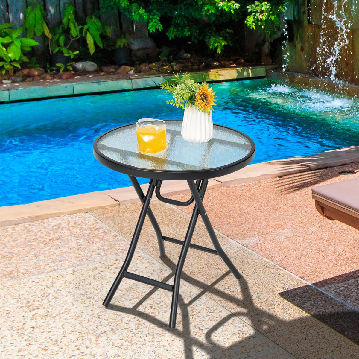 Set of 2 Round Patio Side Table with Tempered Glass Top-Black-Patio Coffee Tables-DECOROLALA