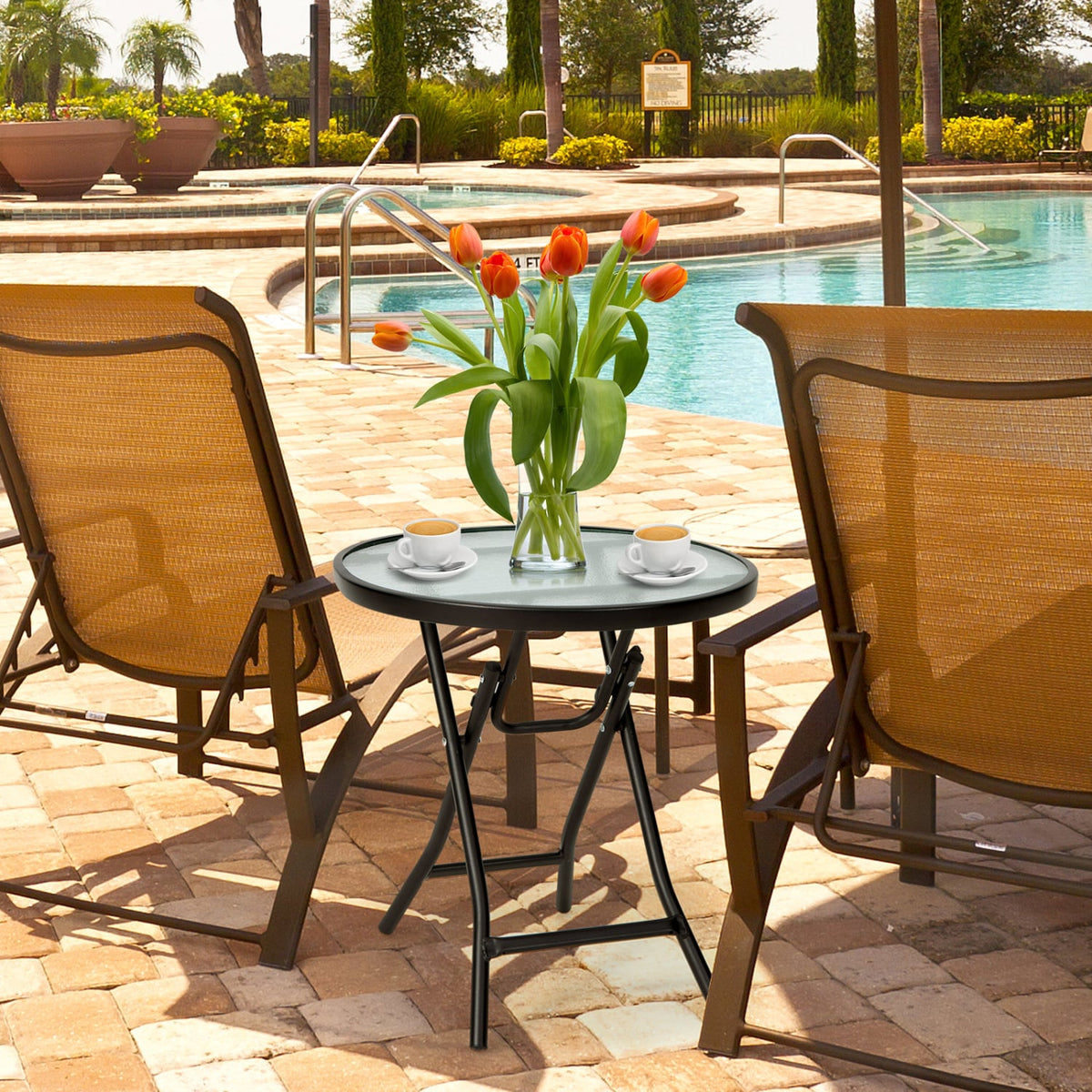 Set of 2 Round Patio Side Table with Tempered Glass Top-Black-Patio Coffee Tables-DECOROLALA