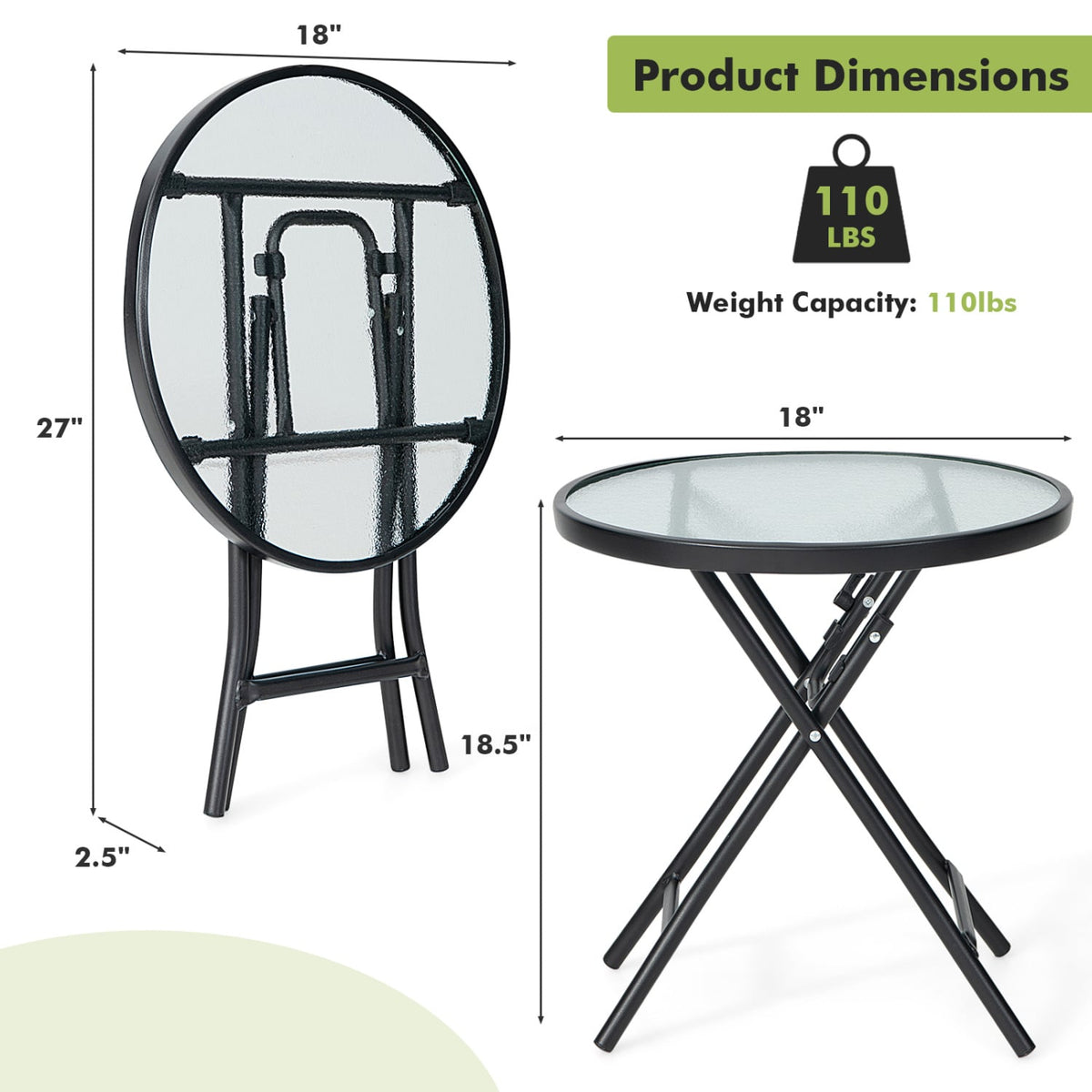 Set of 2 Round Patio Side Table with Tempered Glass Top-Black-Patio Coffee Tables-DECOROLALA