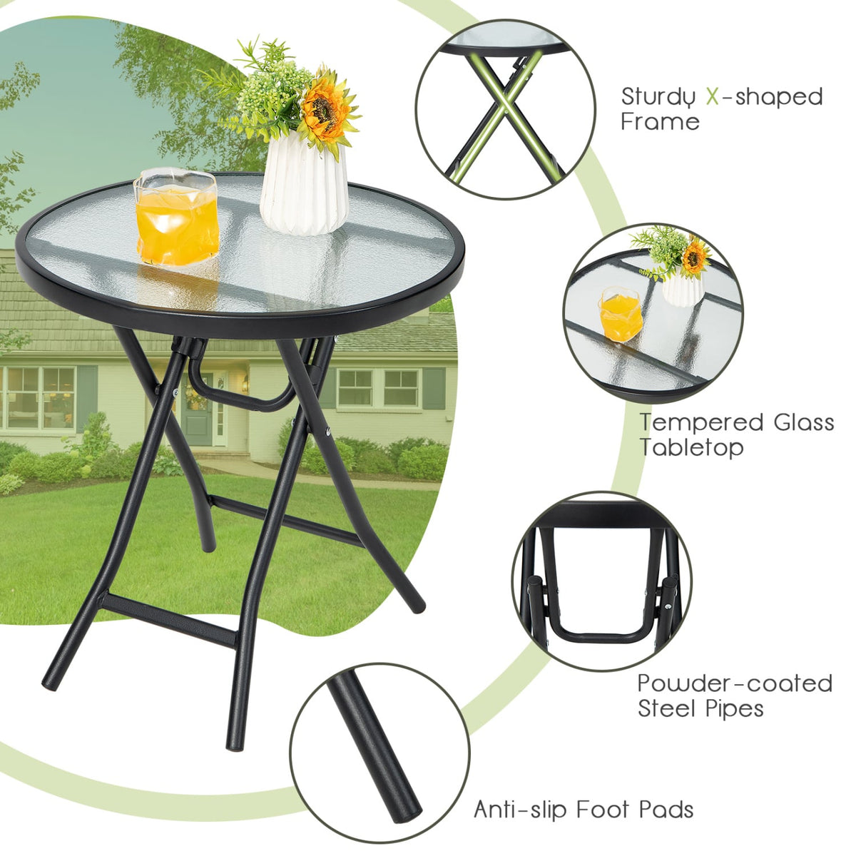 Set of 2 Round Patio Side Table with Tempered Glass Top-Black-Patio Coffee Tables-DECOROLALA