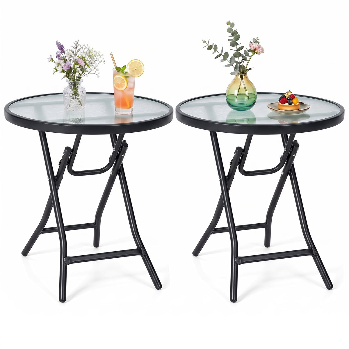 Set of 2 Round Patio Side Table with Tempered Glass Top-Black-Patio Coffee Tables-DECOROLALA