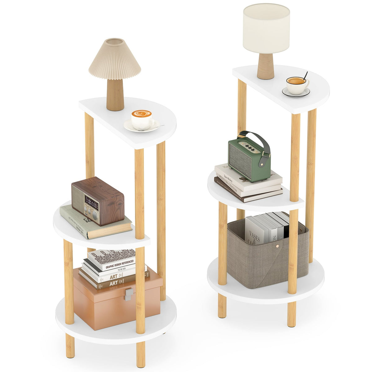 Set of 2 Round Side Table Compact with 3-Tier Shelves and Bamboo Construction-White-End & Side Tables-DECOROLALA
