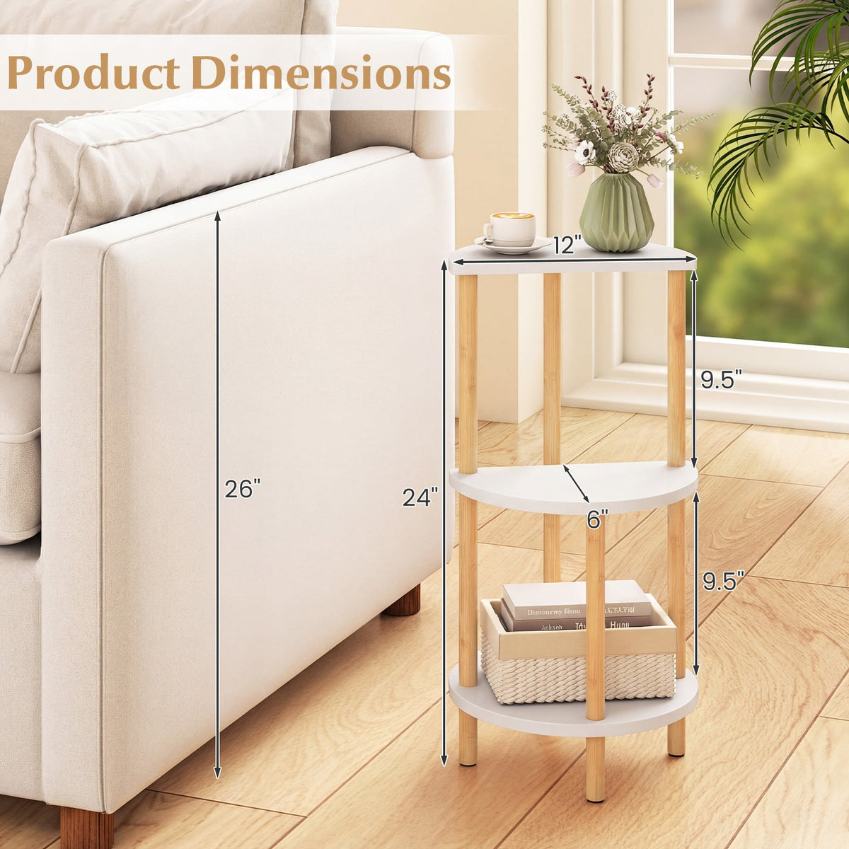 Set of 2 Round Side Table Compact with 3-Tier Shelves and Bamboo Construction-White-End & Side Tables-DECOROLALA