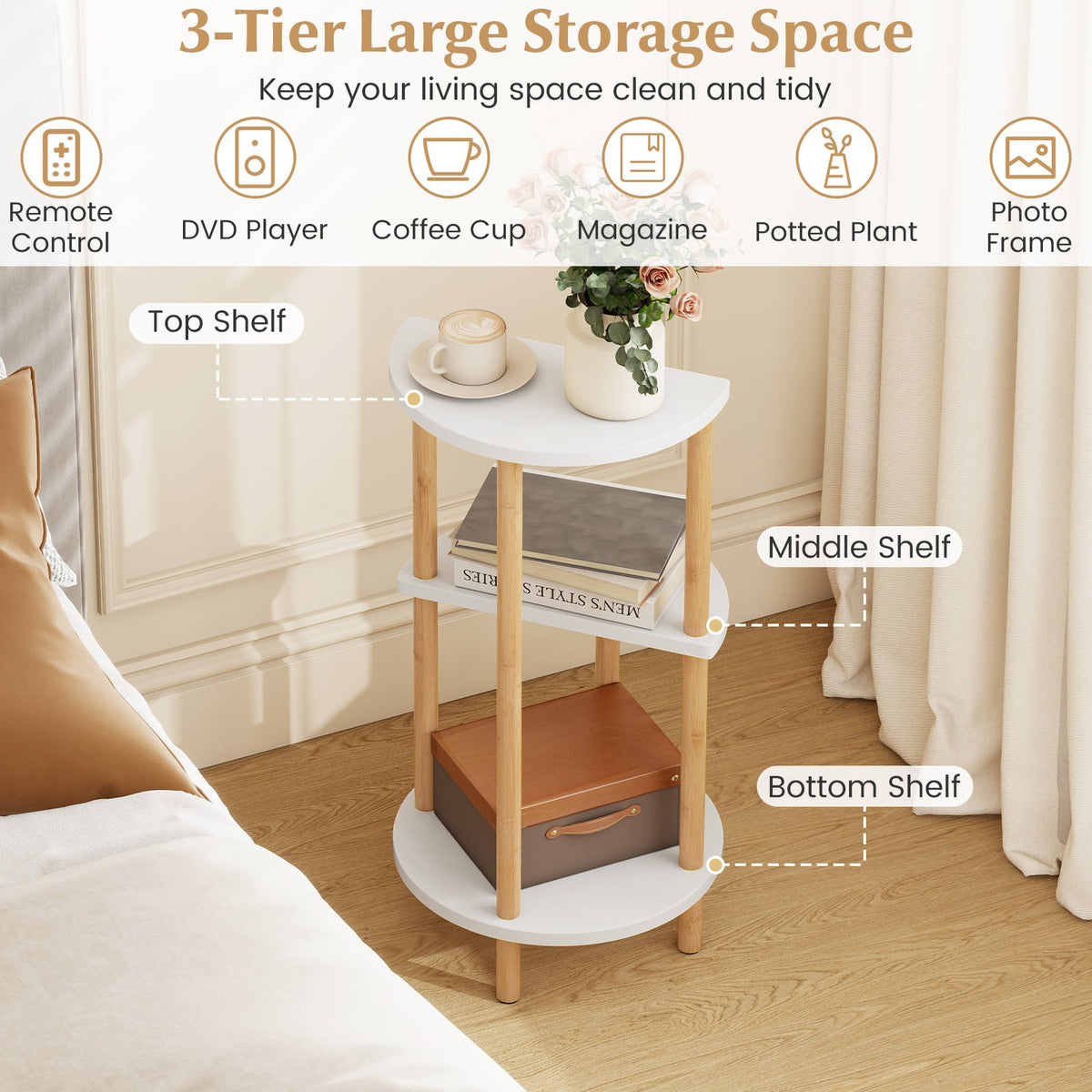 Set of 2 Round Side Table Compact with 3-Tier Shelves and Bamboo Construction-White-End & Side Tables-DECOROLALA