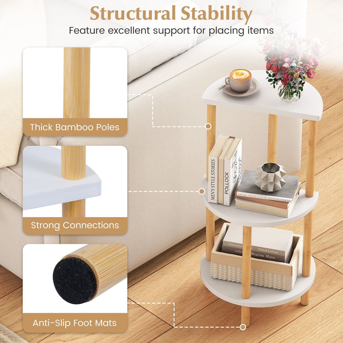 Set of 2 Round Side Table Compact with 3-Tier Shelves and Bamboo Construction-White-End & Side Tables-DECOROLALA