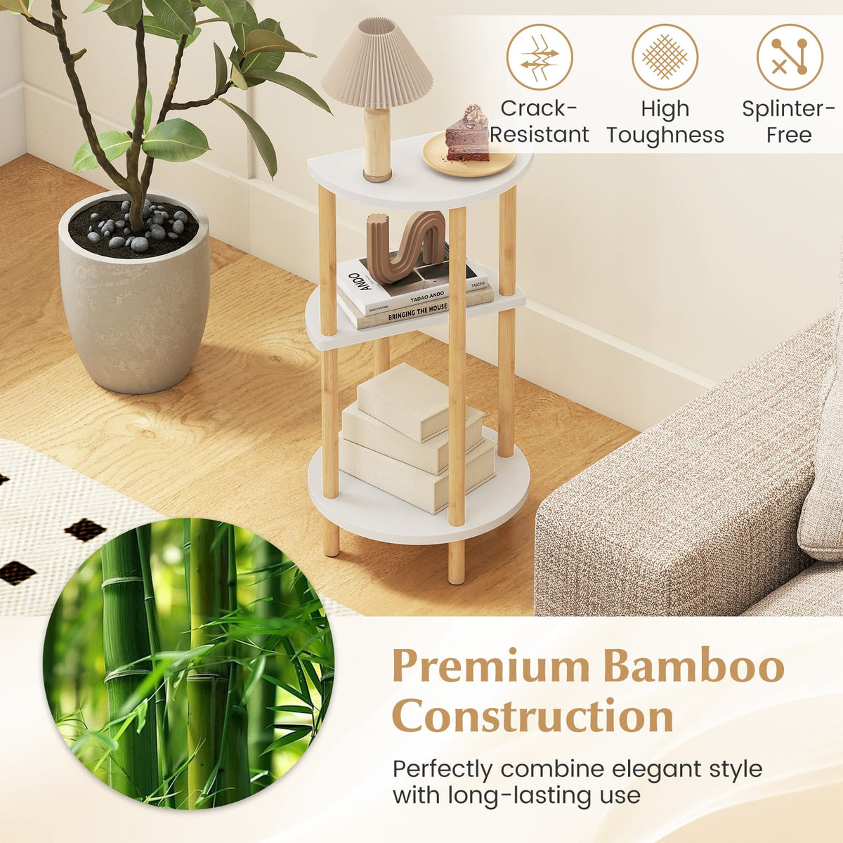 Set of 2 Round Side Table Compact with 3-Tier Shelves and Bamboo Construction-White-End & Side Tables-DECOROLALA