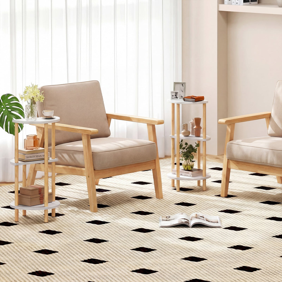 Set of 2 Round Side Table Compact with 3-Tier Shelves and Bamboo Construction-White-End & Side Tables-DECOROLALA
