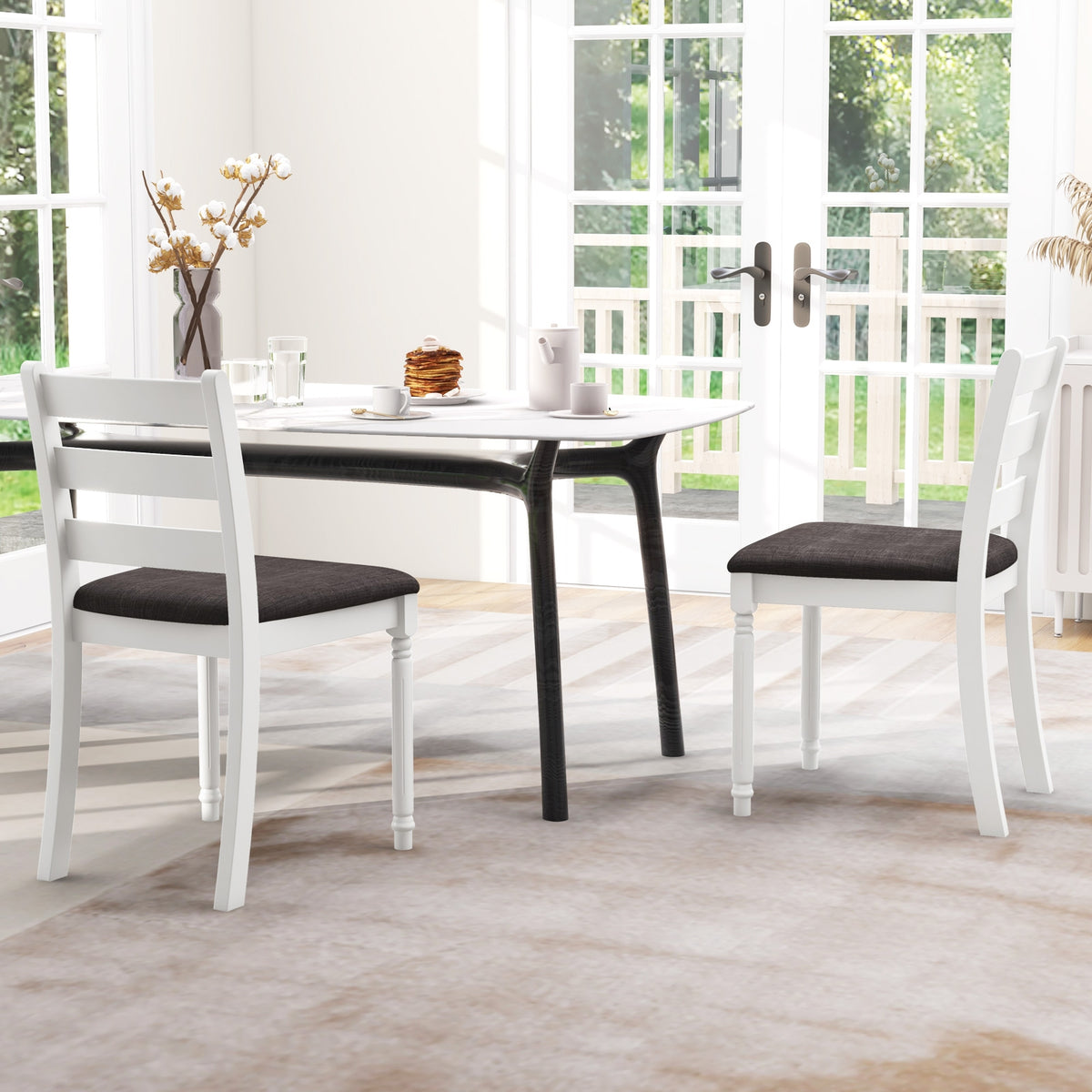 Set of 2 Rubber Wood Dining Chairs with Upholstered Seat-White-Dining Chairs-DECOROLALA