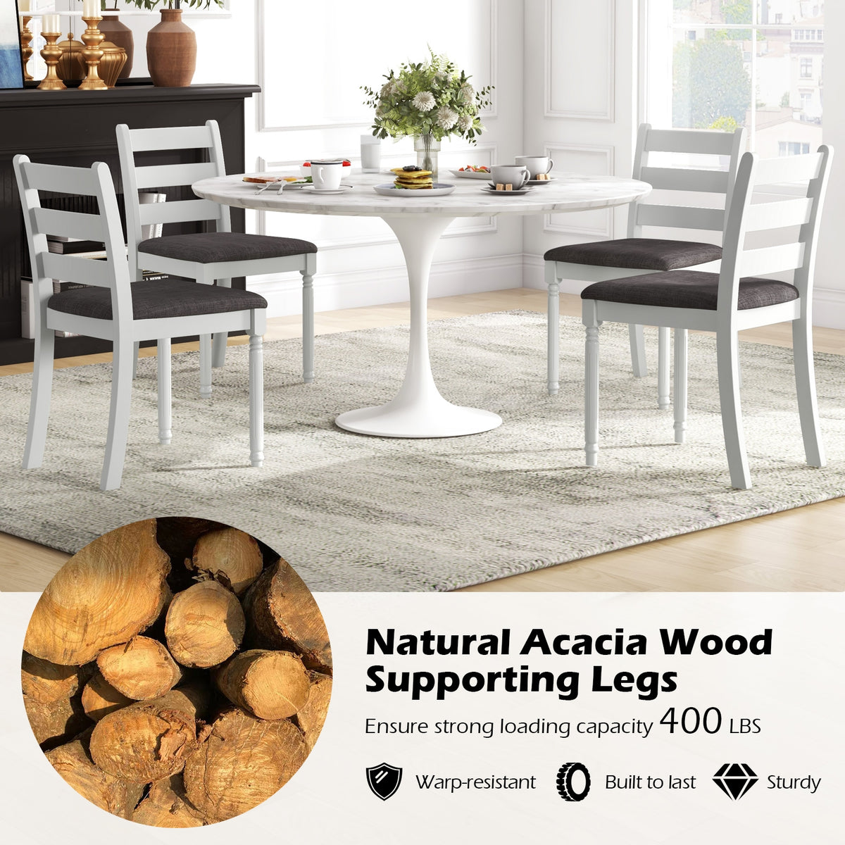 Set of 2 Rubber Wood Dining Chairs with Upholstered Seat-White-Dining Chairs-DECOROLALA