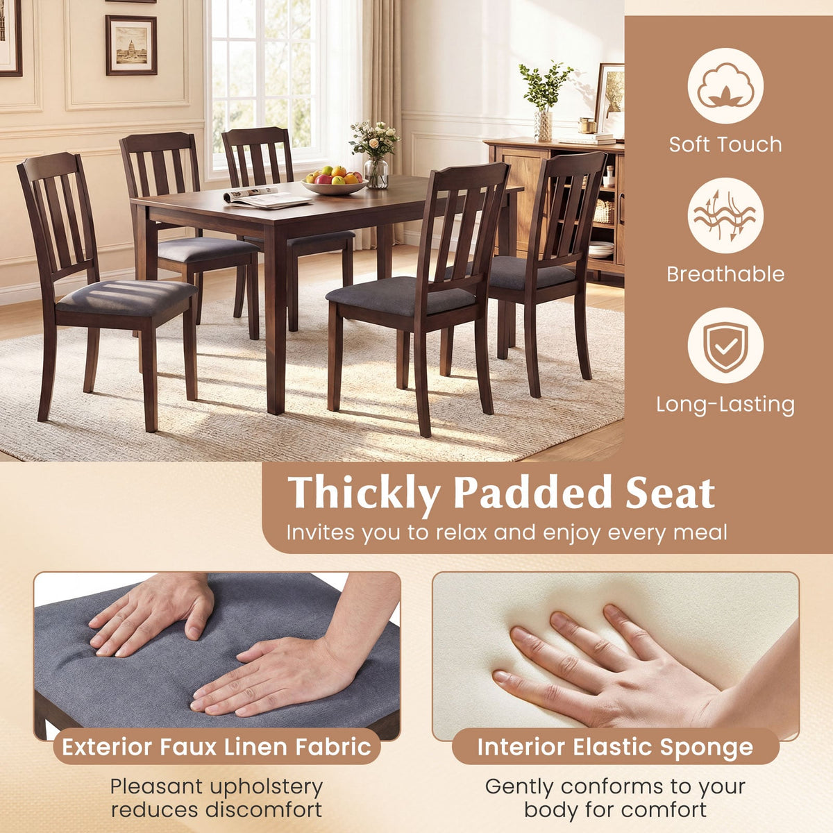 Set of 2 Rubber Wood Dining Room Chairs with Comfortable Backrest-Brown-Dining Chairs-DECOROLALA
