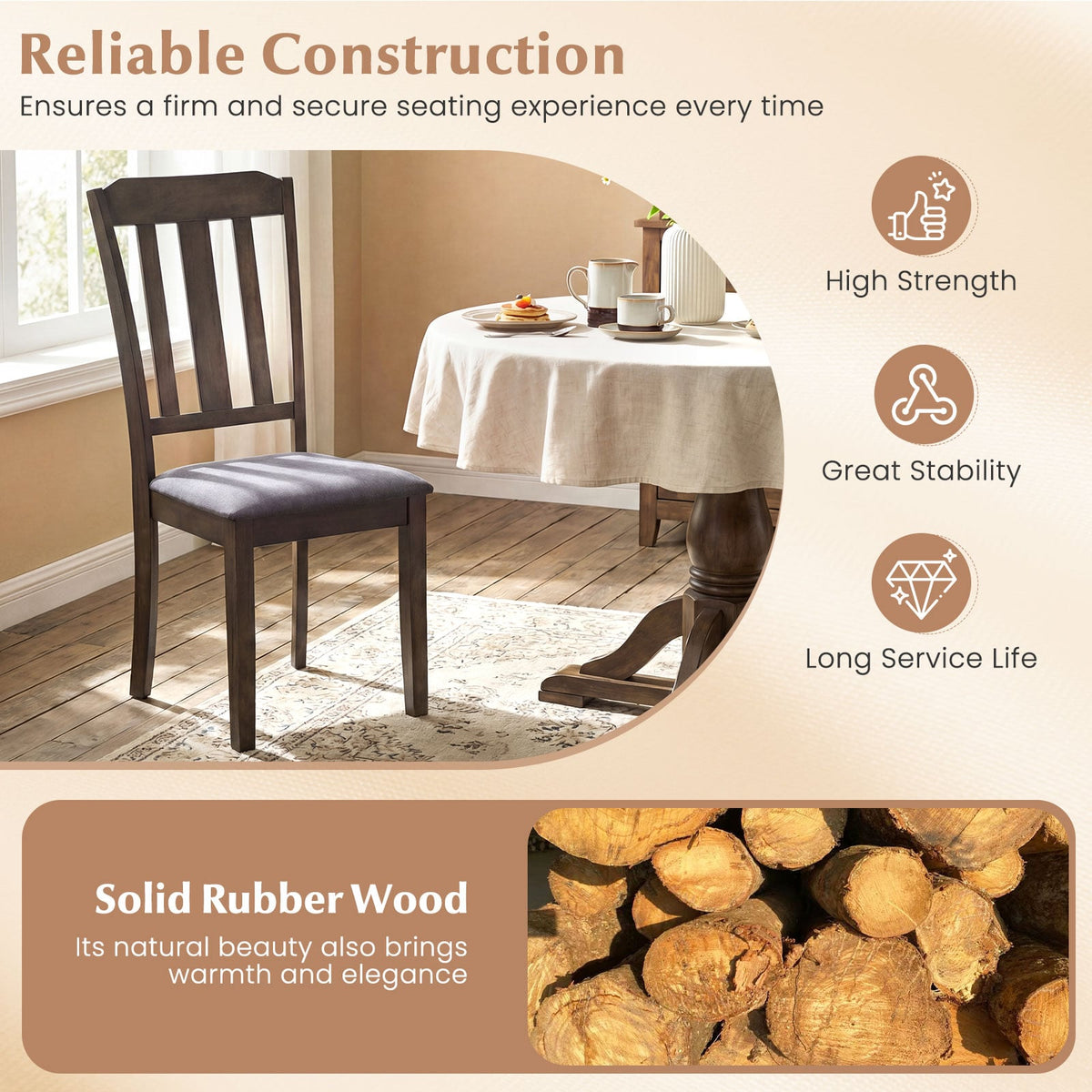 Set of 2 Rubber Wood Dining Room Chairs with Comfortable Backrest-Brown-Dining Chairs-DECOROLALA